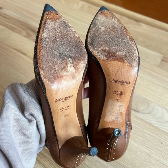 YVES SAINT LAURENT vintage leather cross-stitch studded heels Y2K size 37 - Picture 8 of 13